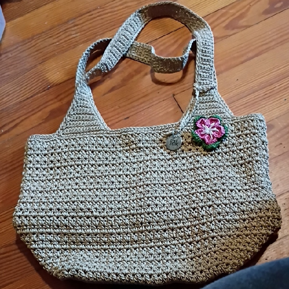 The Sak Beige Crochet Tote with Pink Floral Accent